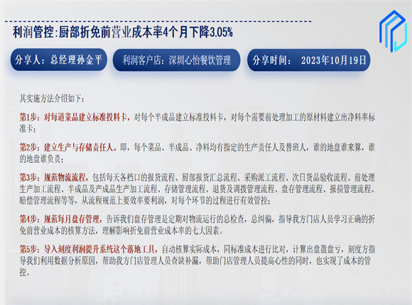 利潤管控：廚部折免前營業成本率4個月下降3.05%